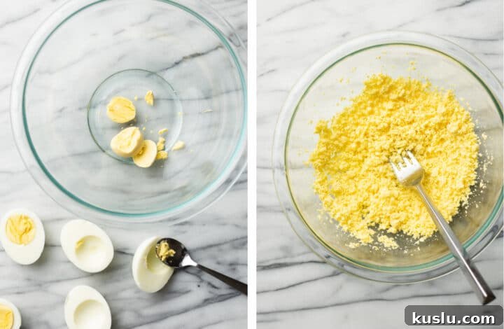Classic Southern Deviled Eggs Recipe for Parties and Holidays 5 removing yolks from hard boiled eggs and mashing them in a bowl