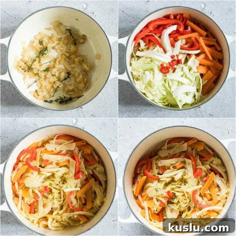 image collage showing the steps for making Jamaican Cabbage