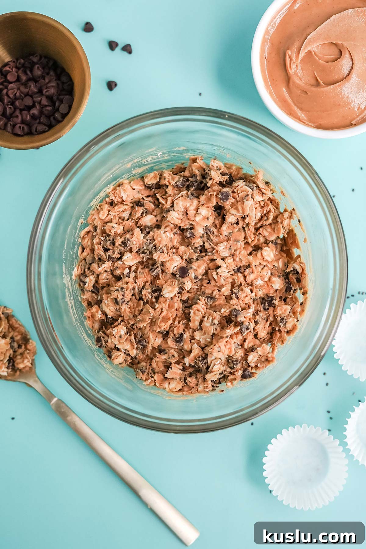 Ingredients are mixed together with a spoon.