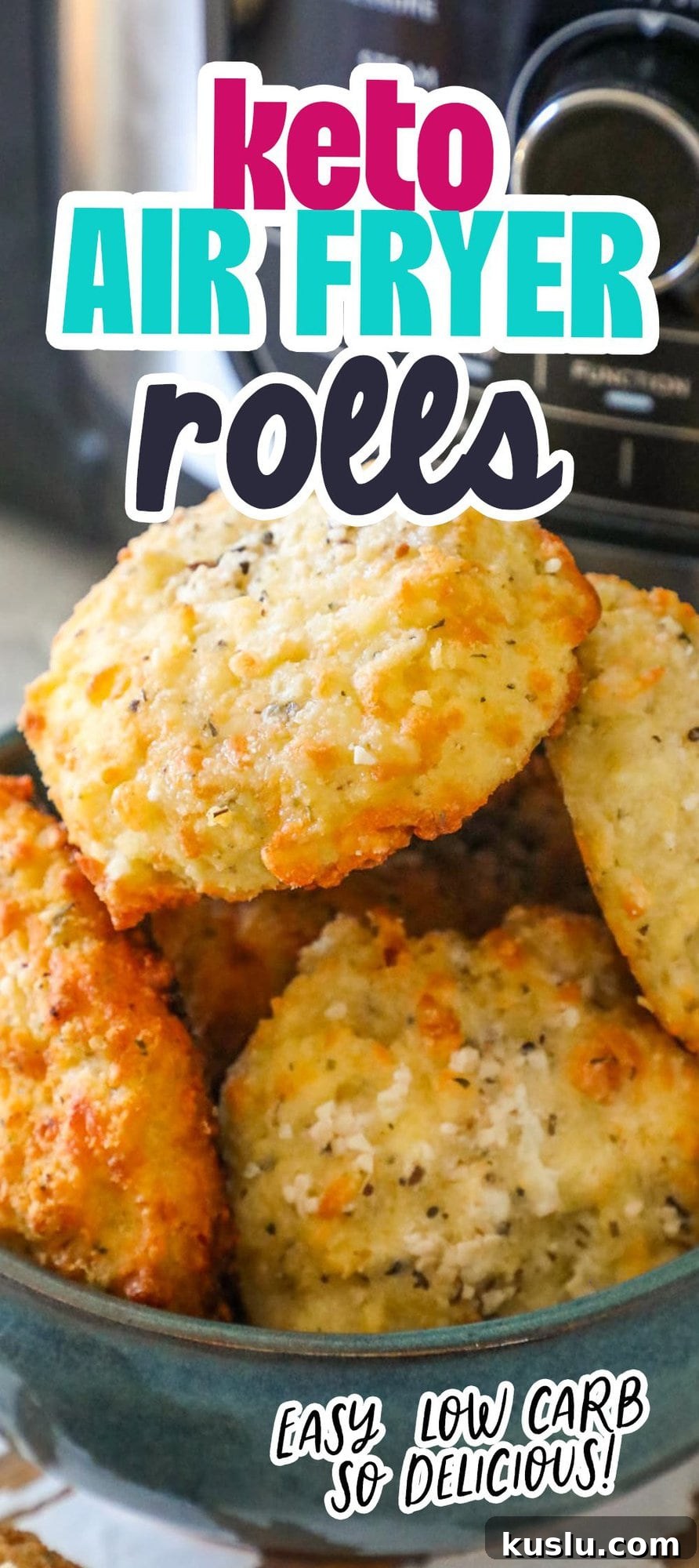 picture of keto rolls in a bowl with air fryer in background