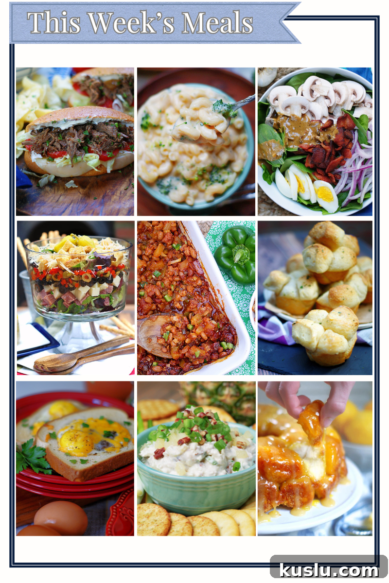 Monday Menu 305: Po' Boys with Muffuletta Salad 3 photo grid of 9 photos displaying all of the recipes recommended for this week's meal plan.