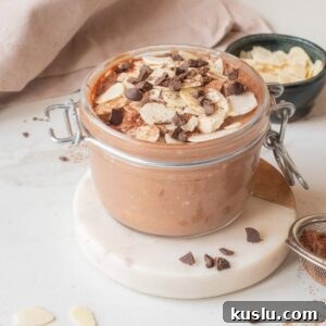 Close-up of chocolate hemp power overnight oats with toppings in a jar.