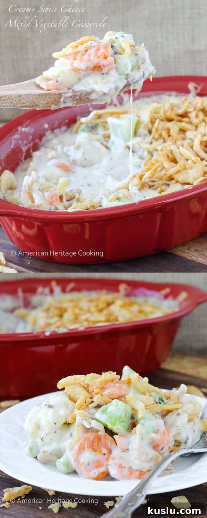 Vegetable casserole being served with a wooden spoon from a red baking dish complete with melted cheese.