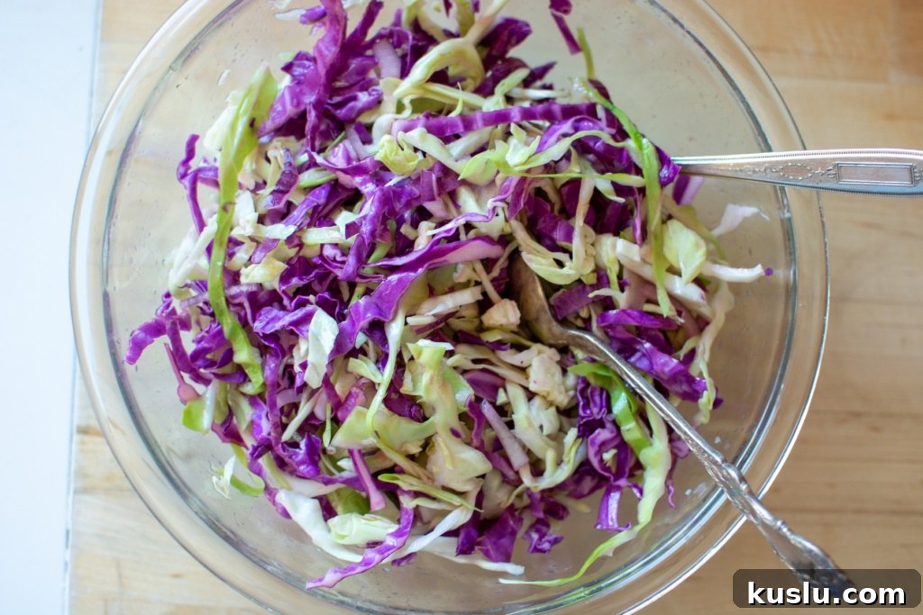 Sheet Pan Chili Verde Chicken Tacos Recipe for Quick Weeknight Meals 7 green and red cabbage in a glass bowl