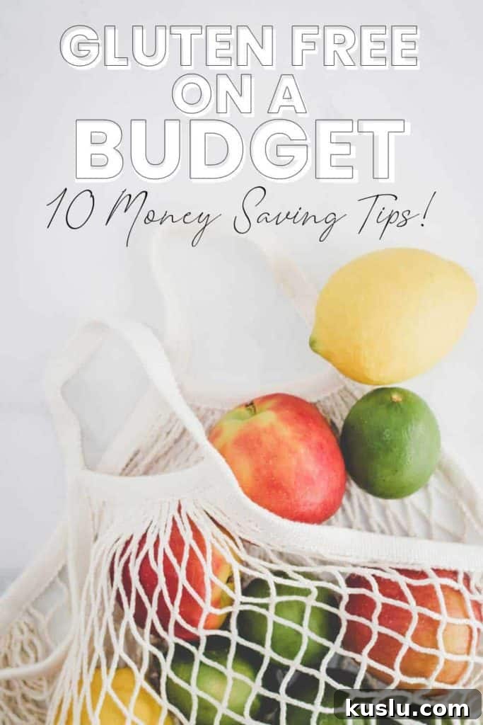 Gluten-Free on a Budget: 10 Smart Ways to Save Money 2 Gluten free on a budget, 10 money saving tips, mesh reusable shopping bag with apples, lemons, and limes spilling out.