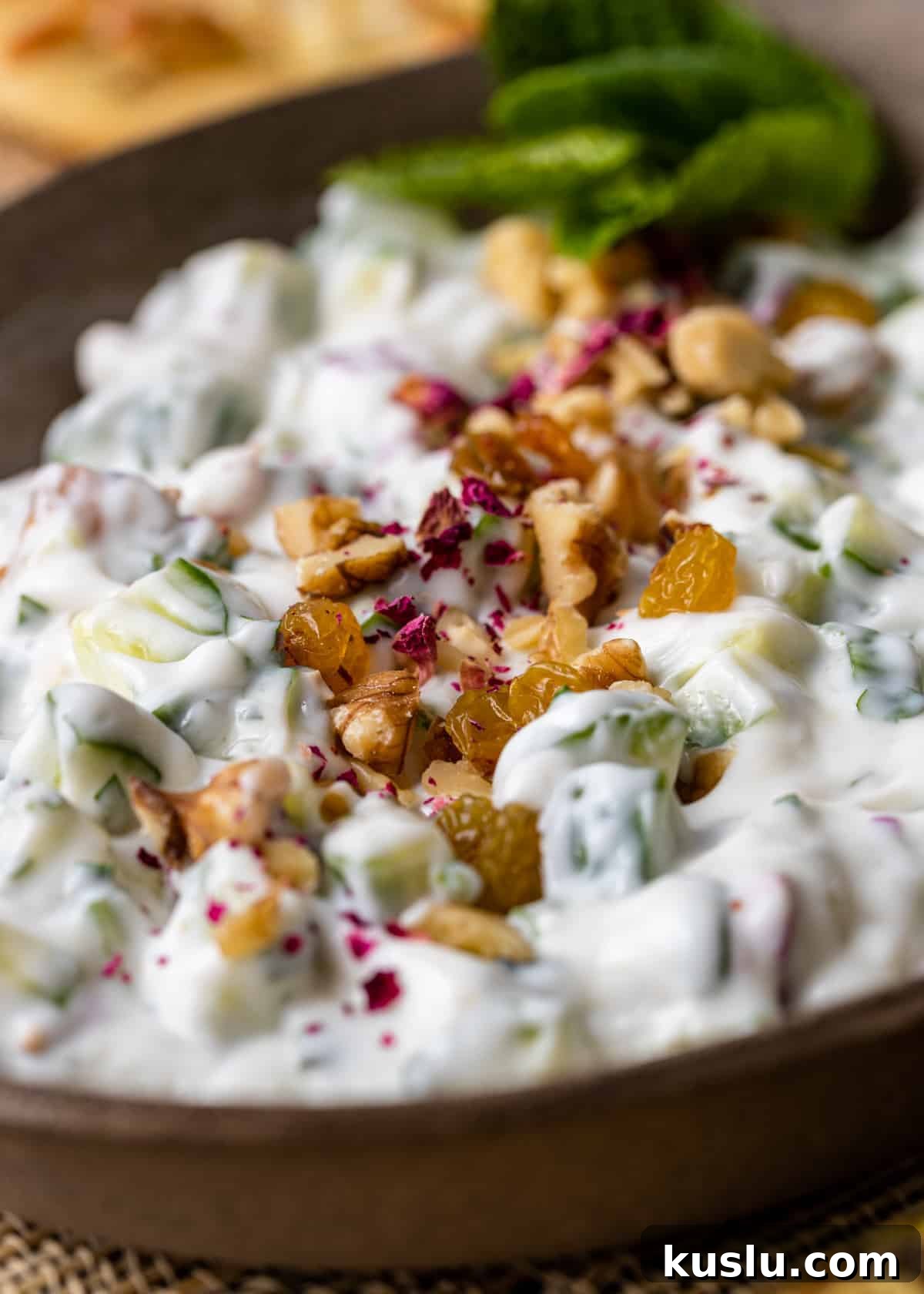 closeup: diced cucumbers in creamy yogurt sauce with walnuts