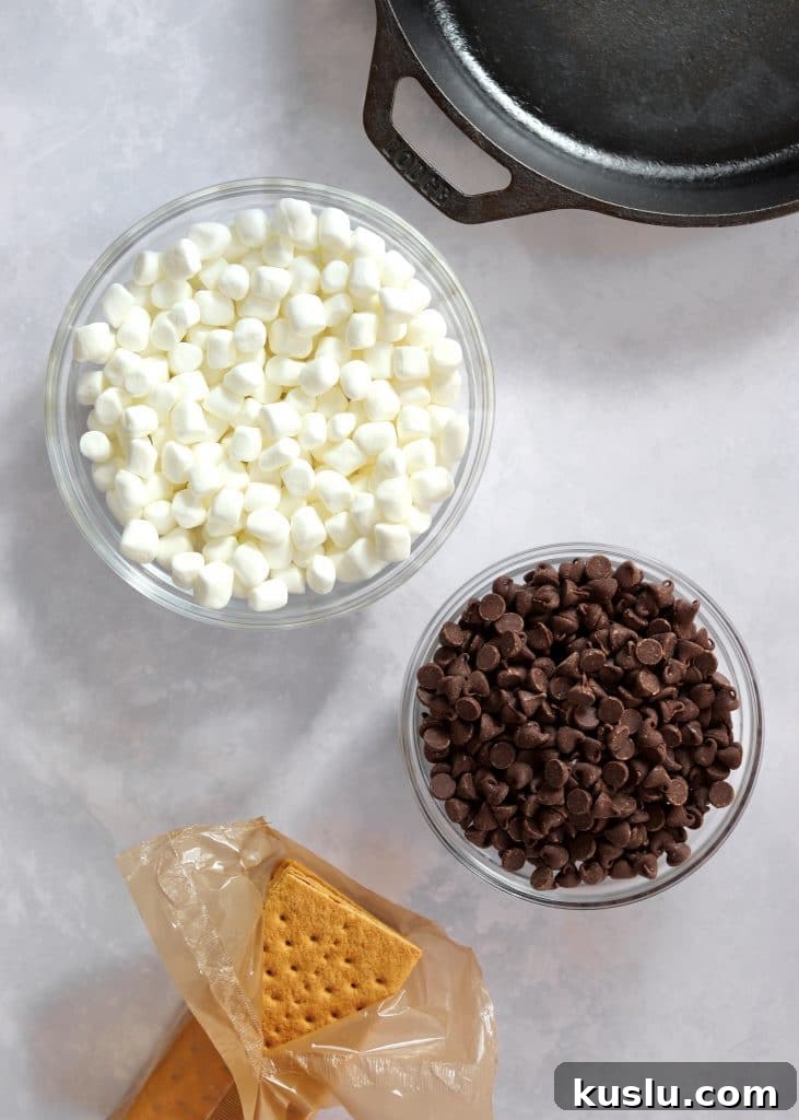 Cast Iron Skillet, marshmallows, chocolate chips, and graham crackers