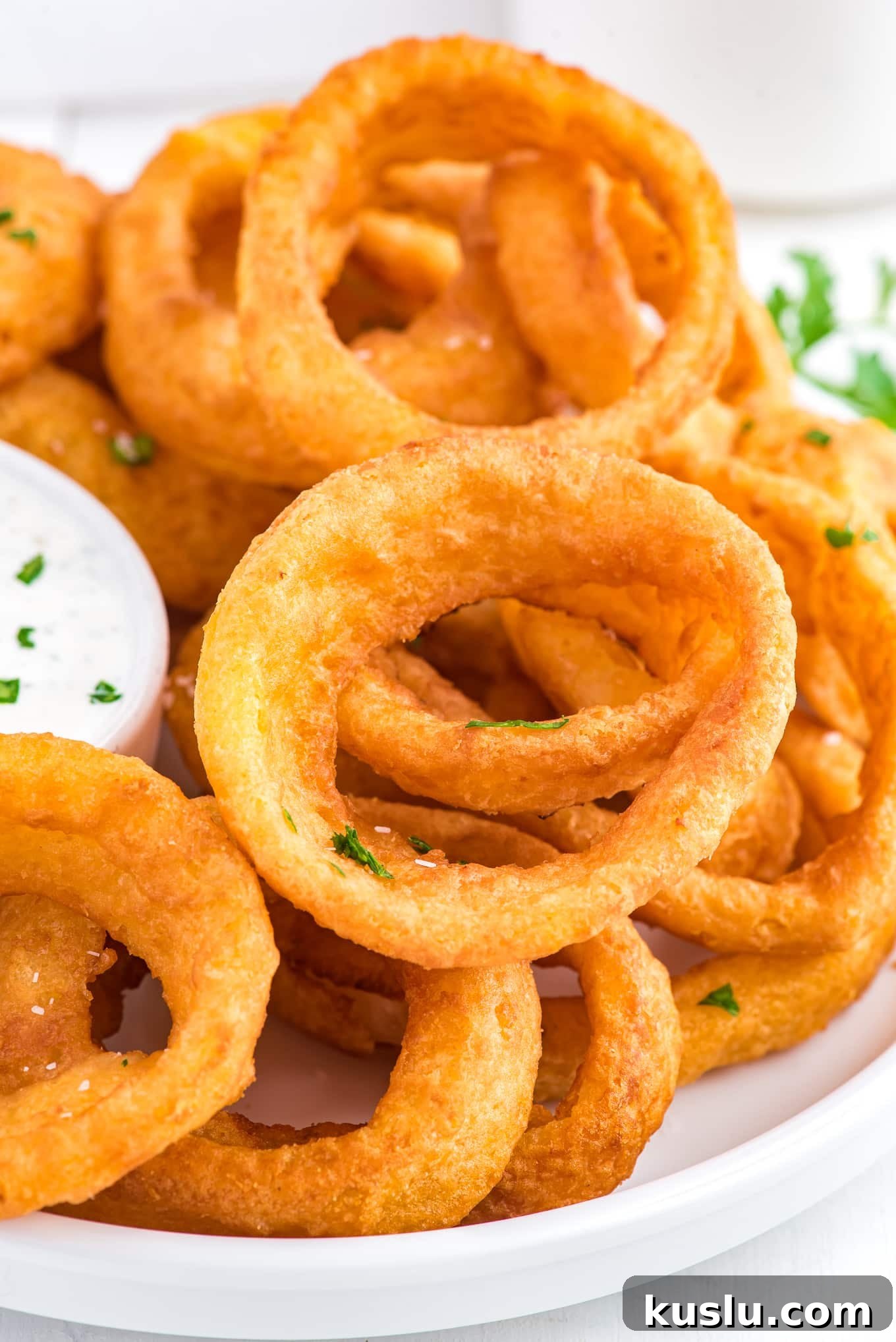 Crispy Frozen Onion Rings in the Air Fryer: Quick Recipe Guide 5 Frozen onion rings in the air fryer served up on a platter with dip and garnished with parsley.