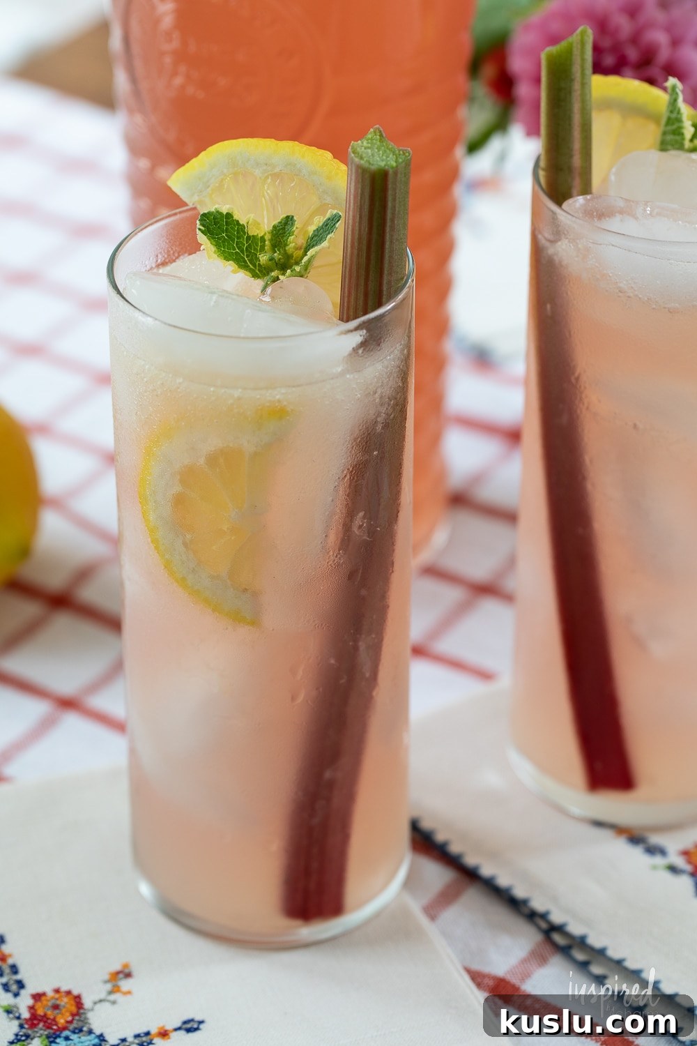Homemade Rhubarb and Ginger Infused Vodka Recipe 10 two glasses of lemonade served with homemade rhubarb ginger vodka.