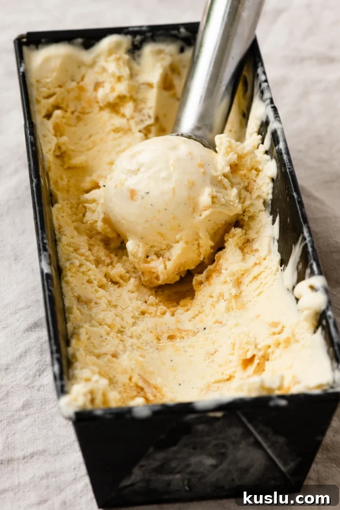 Creamy Homemade Peach Ice Cream Recipe for Summer 2 Ice cream scoop with a scoop of ice cream sitting inside a container full of peach ice cream.