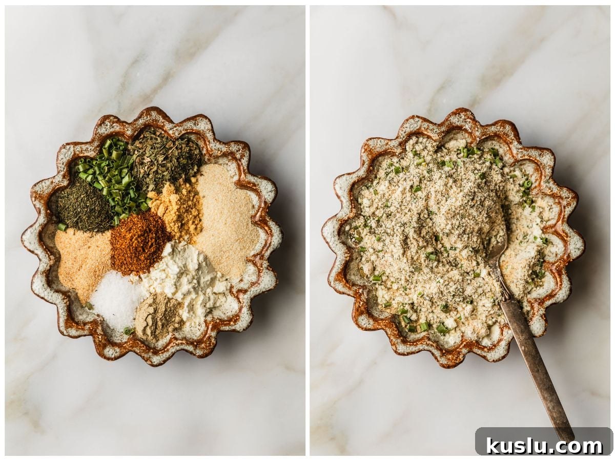 Spicy Ranch Snack Mix Recipe: Zesty Party Mix Everyone Loves 4 Two steps to making ranch seasoning. In photo 1, spices are in piles in a white and brown bowl. In photo 2, the spices are mixed together with a spoon.