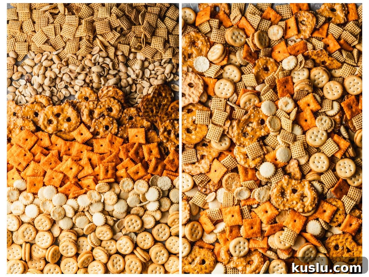 Spicy Ranch Snack Mix Recipe: Zesty Party Mix Everyone Loves 5 Two photos making ranch Chex mix. In photo 1, cereal, peanuts, pretzels, Cheez-Its, oyster crackers, and sandwich crackers are on a sheet pan. In photo 2, the snacks are mixed together.