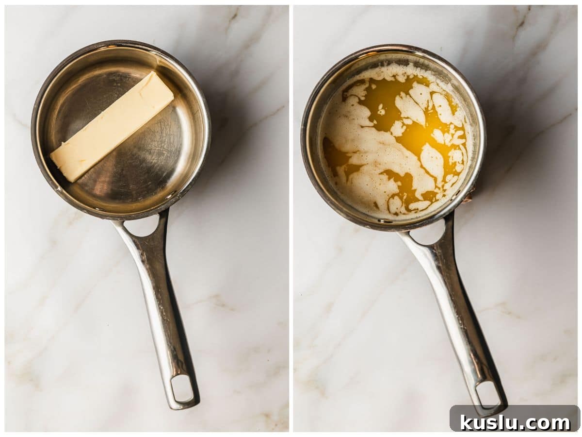 Spicy Ranch Snack Mix Recipe: Zesty Party Mix Everyone Loves 6 Two steps to melting butter. In photo 1, a stick of butter is in a pot on a white counter. In photo 2, the butter is melted.