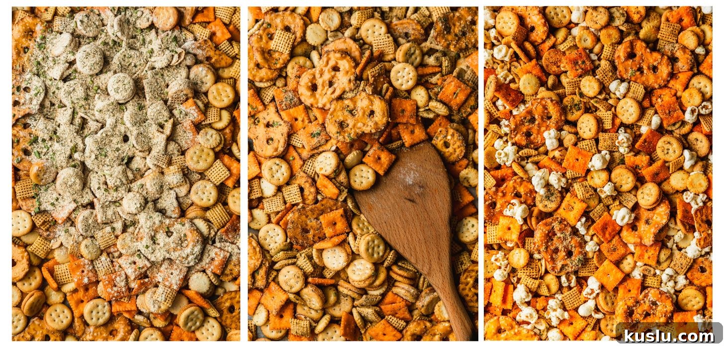 Spicy Ranch Snack Mix Recipe: Zesty Party Mix Everyone Loves 7 Three steps to making spicy ranch snack mix. In photo 1, snacks are topped with ranch seasoning. In photo 2, a wood spoon mixes the snack mix together. In photo 3, the snack mix is baked on a sheet pan.