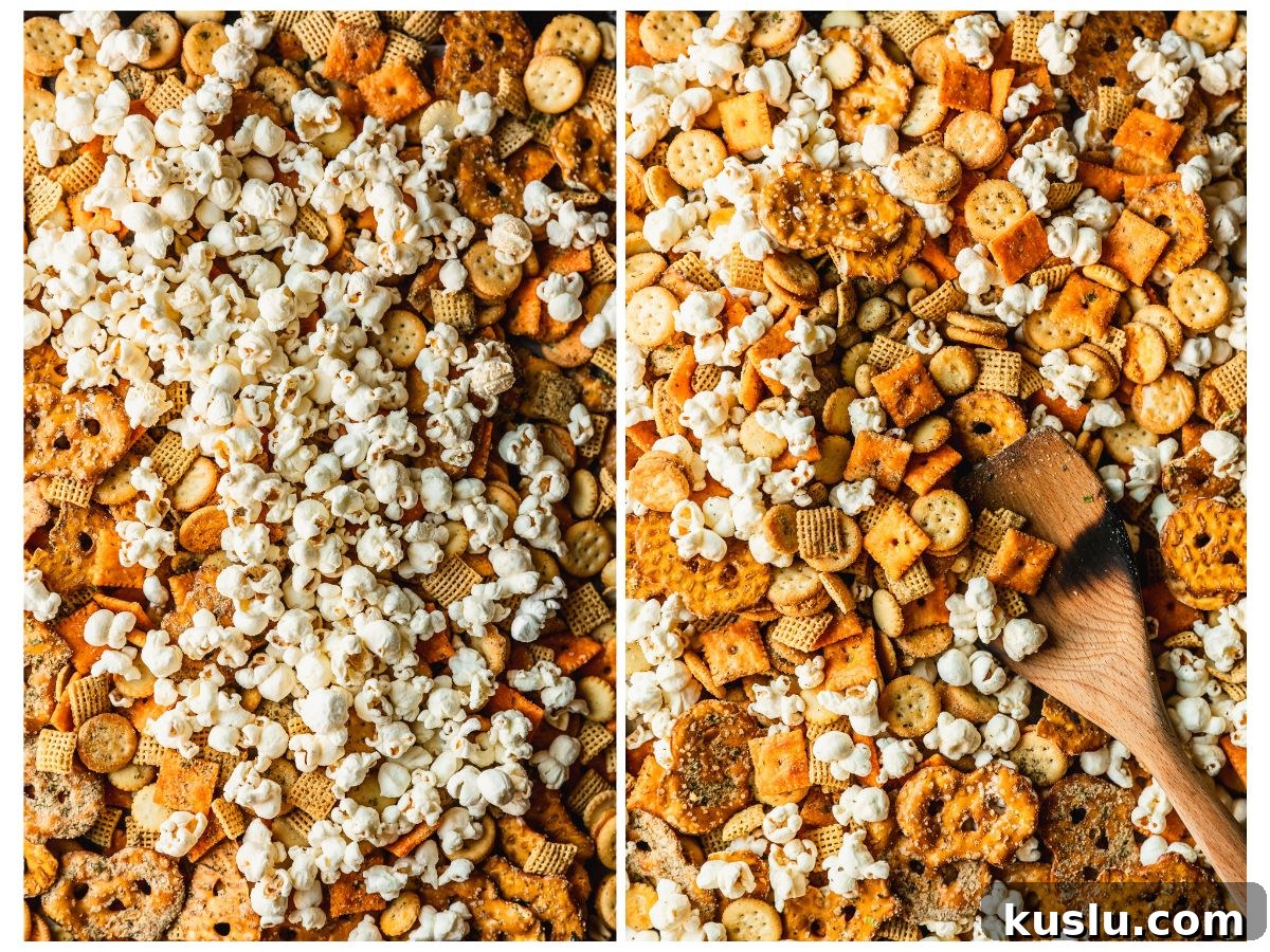 Spicy Ranch Snack Mix Recipe: Zesty Party Mix Everyone Loves 8 Two steps to adding popcorn to snack mix. In photo 1, white cheddar popcorn is on a pan of snack mix. In photo 2, a wood spoon tosses the mix together.