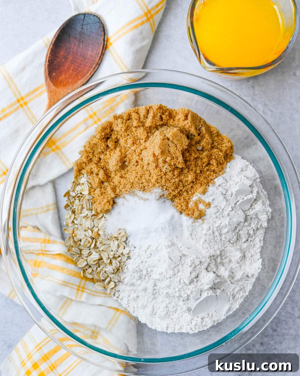 Assembling ingredients for the oatmeal crumble.