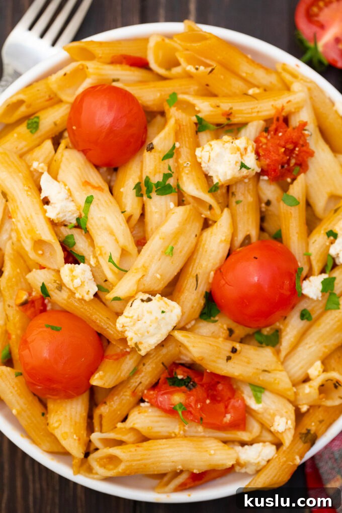Overhead shot of vegetarian Instant Pot feta pasta.