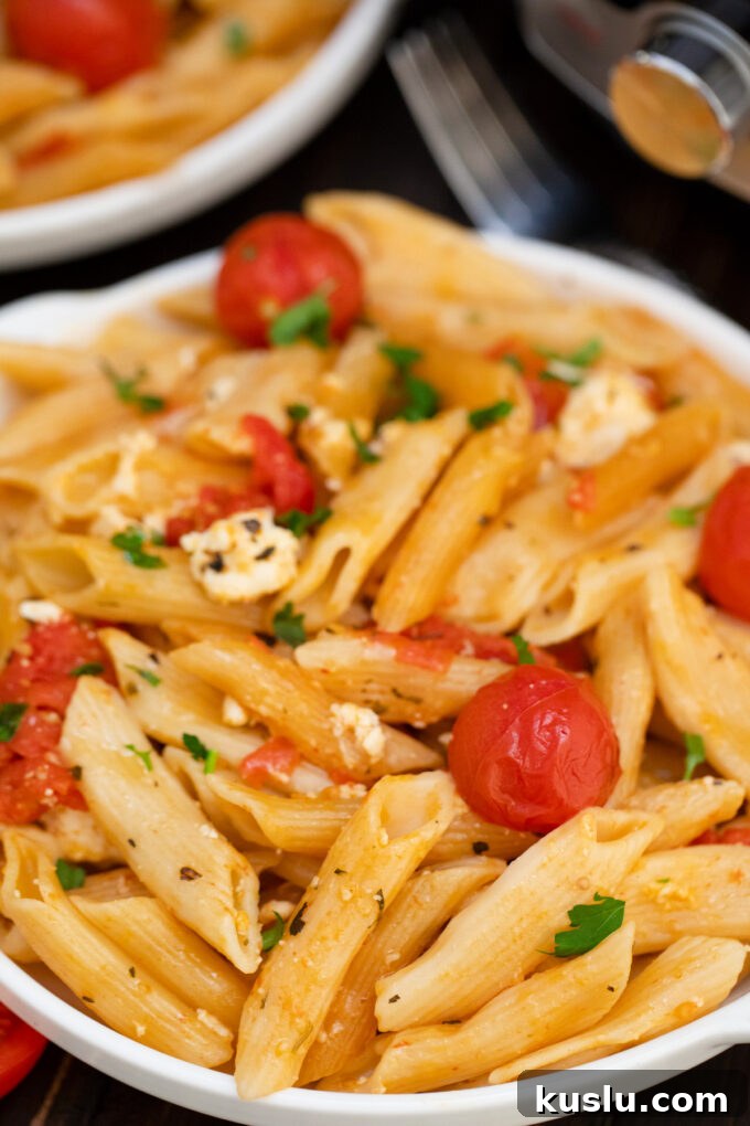 Homemade Instant Pot feta pasta with rigatoni noodles.