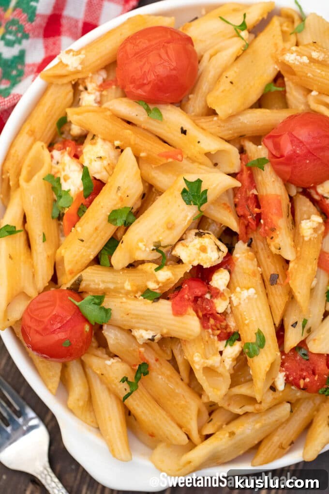 Instant Pot feta pasta with cherry tomatoes.