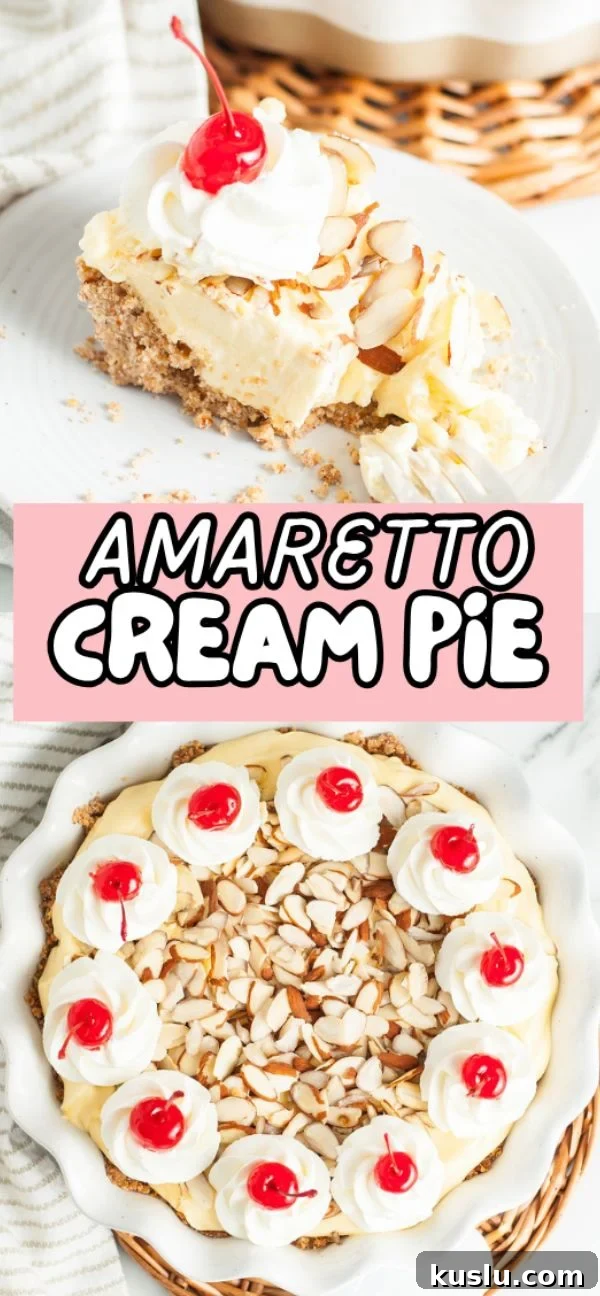 Decadent Amaretto Cream Pie Recipe with Almond Liqueur Filling 20 Top: Slice of Amaretto Cream Pie with whipped cream, almond slices, and cherry. Bottom: Whole decorated amaretto cream pie—a delicious Italian inspired dessert with amaretto liqueur.