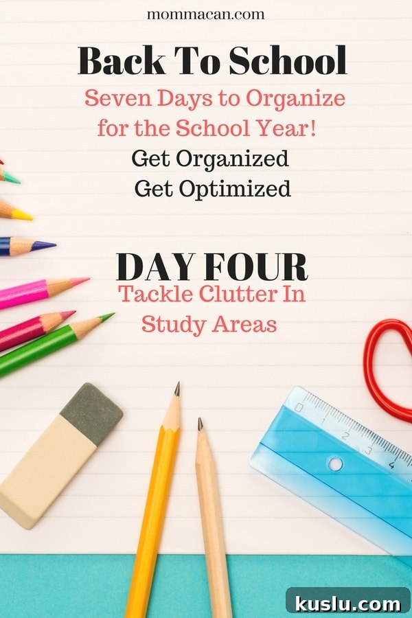 Colorful school supplies on notebook with back to school tips, organization, and study areas.