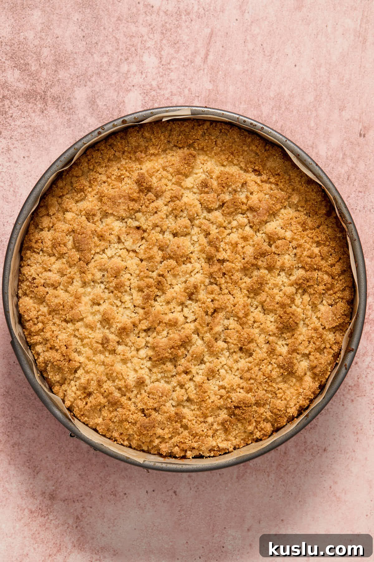 Baked cake in pan with a crunchy, golden brown crumb topping.