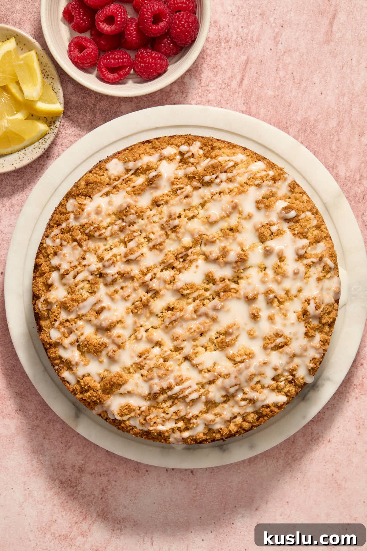 Glaze drizzled over the top of the cake.
