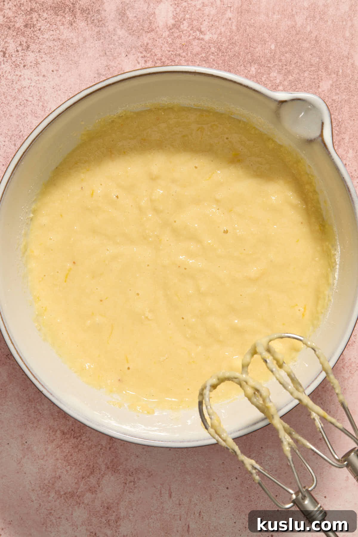 Dry cake ingredients combined with the wet mixture.