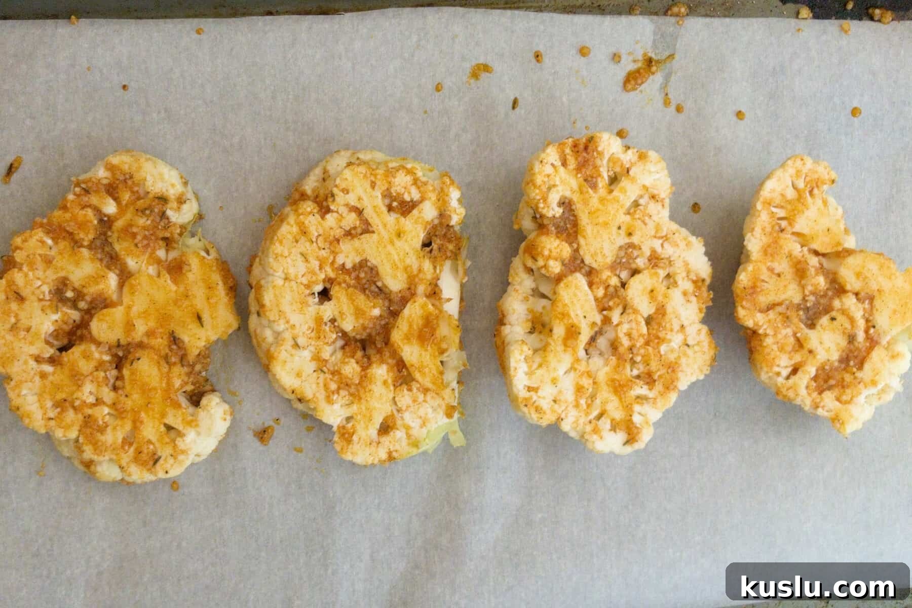 Cheesy cauliflower above shot after being roasted.