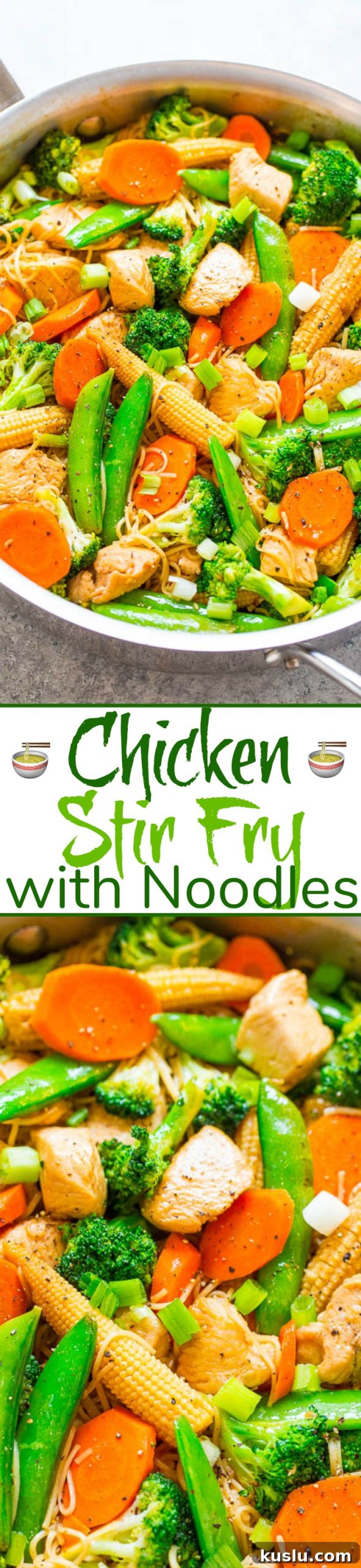 A colorful chicken stir-fry with noodles and mixed vegetables in a pan.