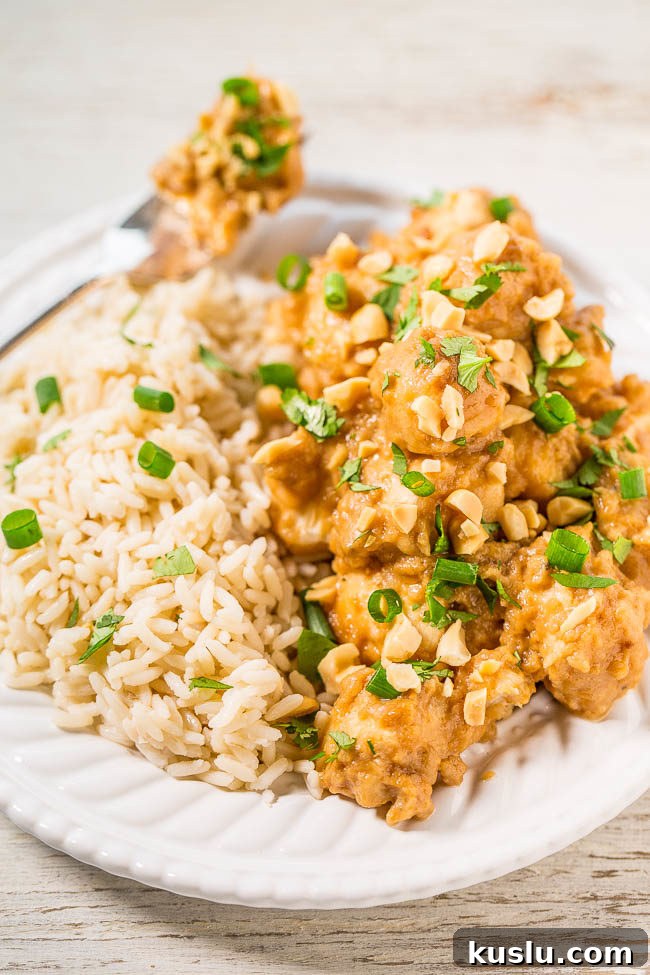 Slow Cooker Thai Peanut Chicken on a plate with rice.