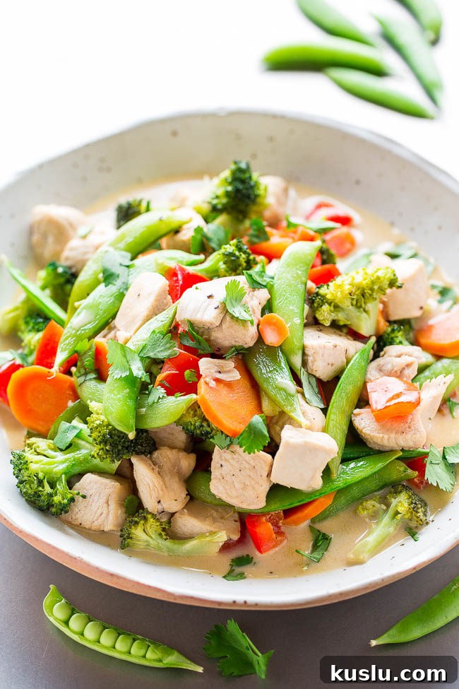 Thai Coconut Chicken Stir Fry in a bowl.