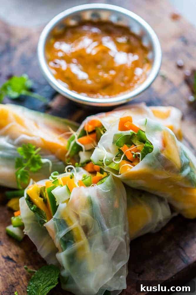 Mango Bell Pepper Rice Paper Rolls + Mango Cilantro Dipping Sauce These mango bell pepper rice paper rolls are the perfect summer food! They are stuffed with lots of amazing veggies and come with an insanely delicious mango cilantro dipping sauce! These are naturally gluten free, vegan and low carb!