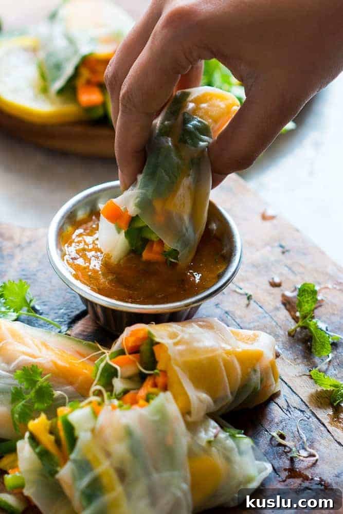Mango Bell Pepper Rice Paper Rolls + Mango Cilantro Dipping Sauce These mango bell pepper rice paper rolls are the perfect summer food! They are stuffed with lots of amazing veggies and come with an insanely delicious mango cilantro dipping sauce! These are naturally gluten free, vegan and low carb!
