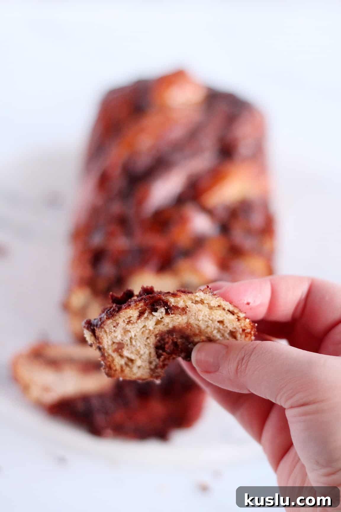 close up on piece of chocolate babka with almond filling