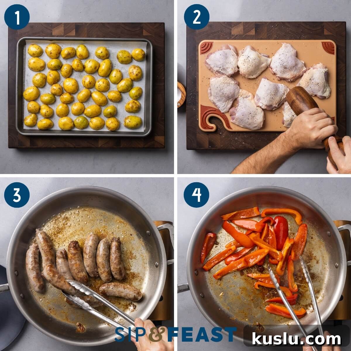 Savory Chicken Scarpariello Recipe: Zesty Italian Classic 4 Chicken Scarpariello recipe process collage group one showing potatoes on baking sheet, seasoning chicken thighs, and searing sausage and bell peppers in pan.