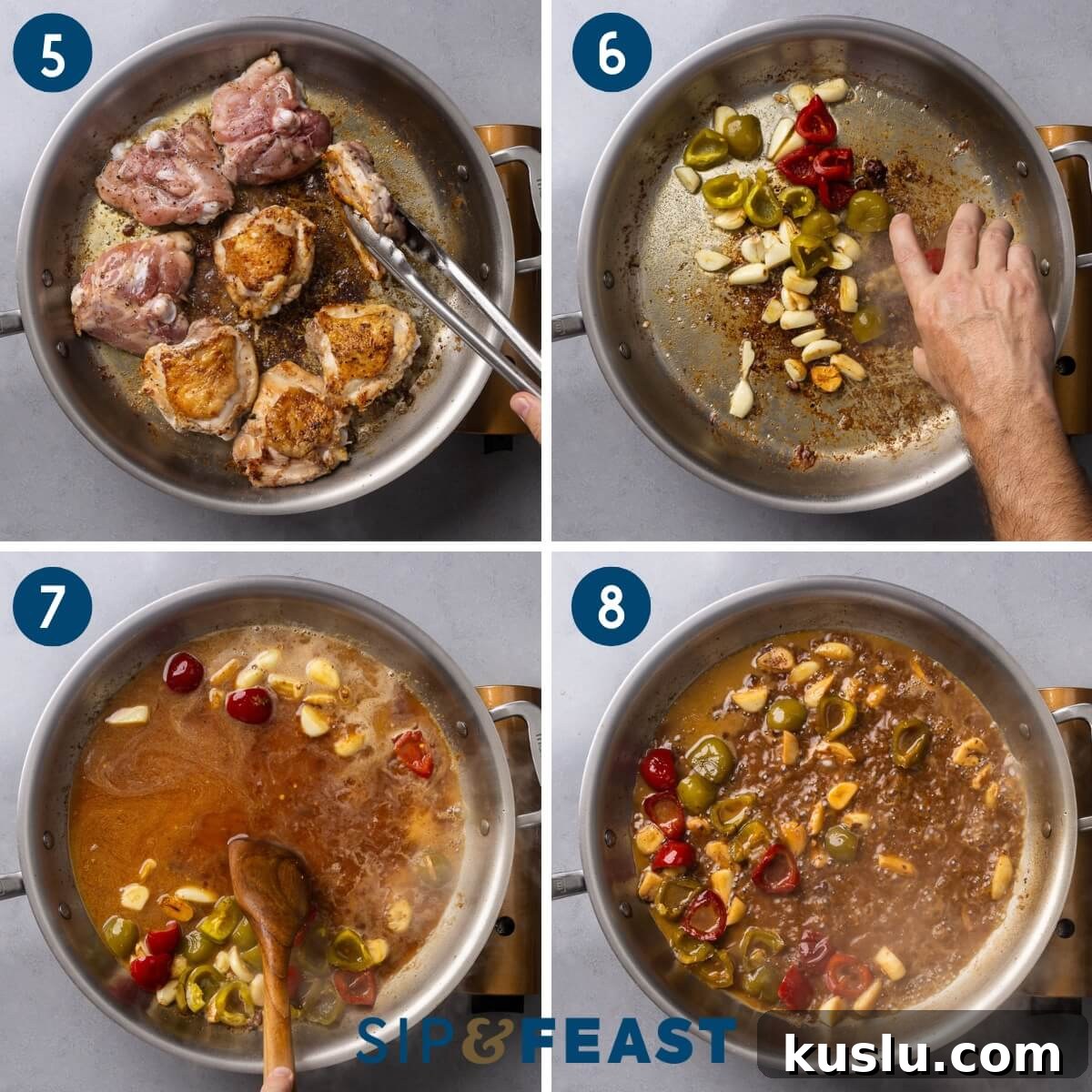 Savory Chicken Scarpariello Recipe: Zesty Italian Classic 5 Recipe collage two showing searing of chicken thighs, sauteing garlic and cherry peppers, and making the pan sauce.