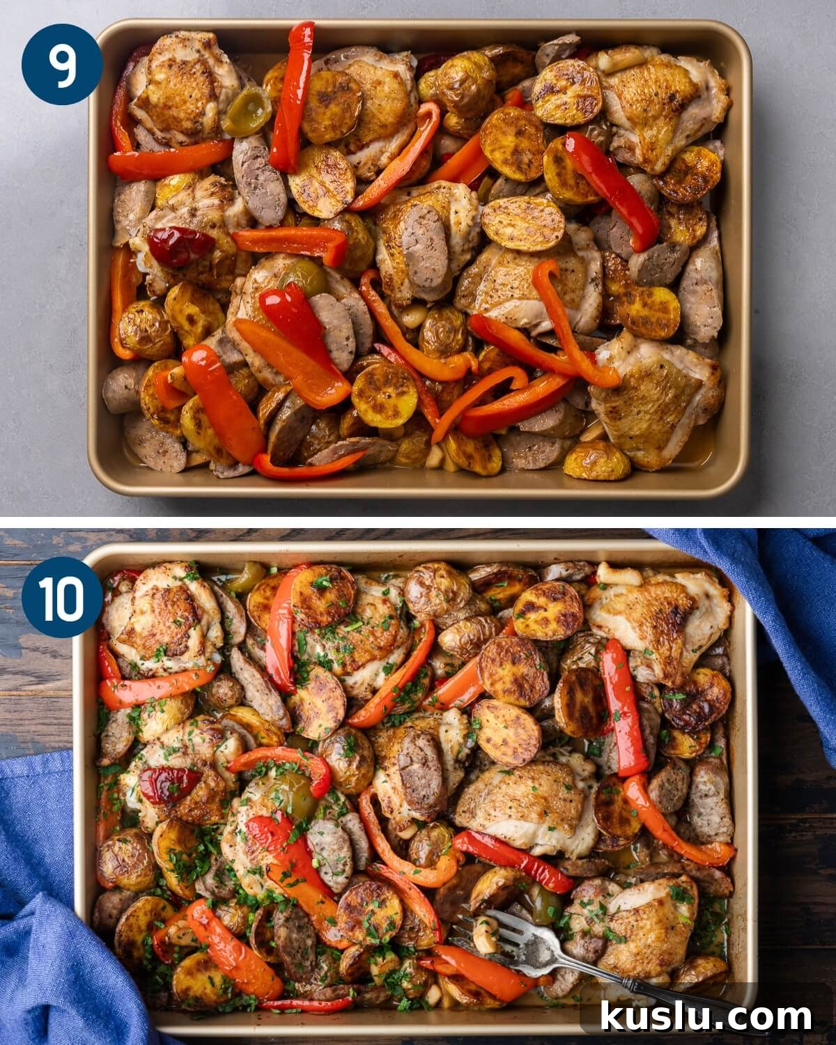 Savory Chicken Scarpariello Recipe: Zesty Italian Classic 6 Recipe collage three showing nestling of chicken and other ingredients in baking pan and finished dish with parsley on top.