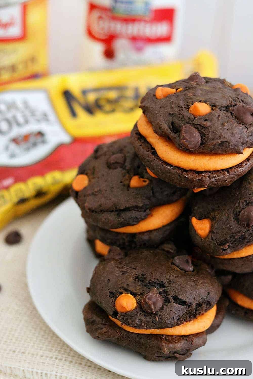 stack of pumpkin chocolate chip whoopie pies maine style. 