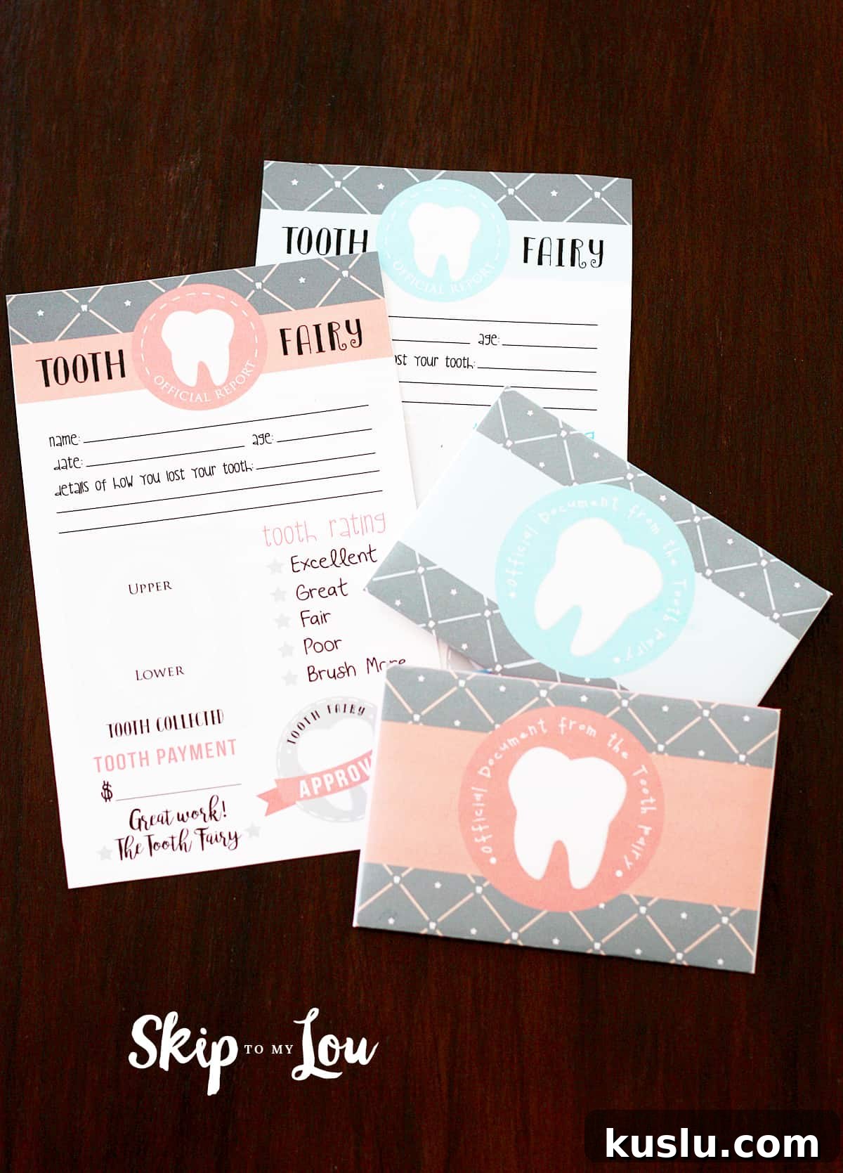 Printable Tooth Fairy Letter, Certificate & Tooth Report Kit 2 Free printable Tooth Fairy letter, certificate, envelope, and tooth report displayed on a table