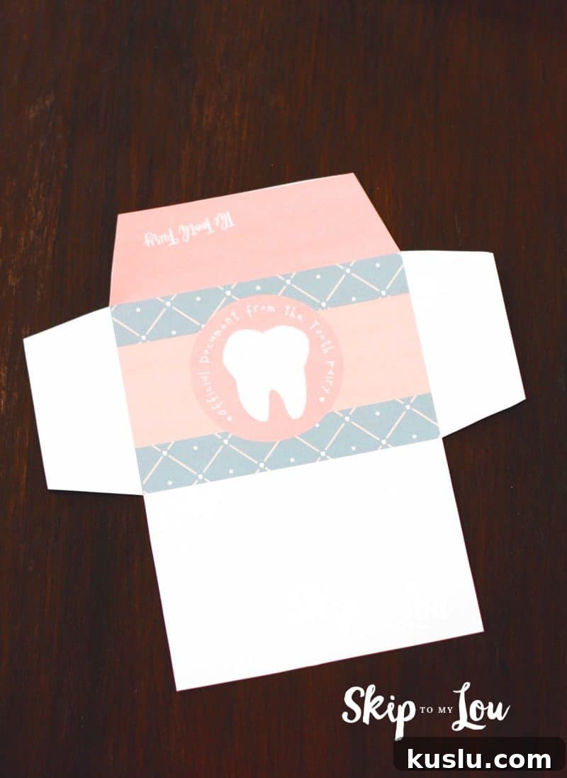 Printable Tooth Fairy Letter, Certificate & Tooth Report Kit 3 Tooth Fairy Letter printable envelope in pink and grey. Text on envelope: Official Document from the Tooth Fairy.