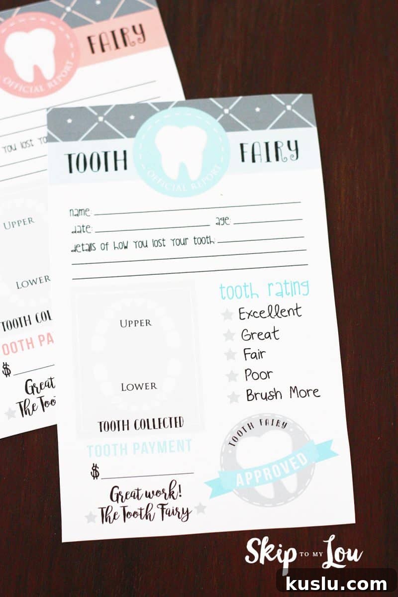 Printable Tooth Fairy Letter, Certificate & Tooth Report Kit 5 Fillable tooth fairy letter in blue. Text includes name, date, age, details, tooth rating, tooth payment, Great Work! The Tooth Fairy.