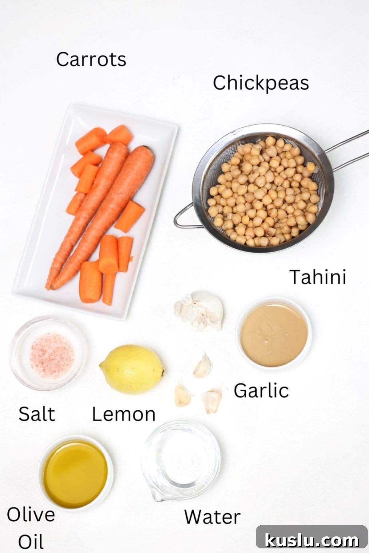 Quick 5-Minute Carrot Hummus Recipe for Busy Weeknights 3 Carrot hummus recipe ingredients, labeled.