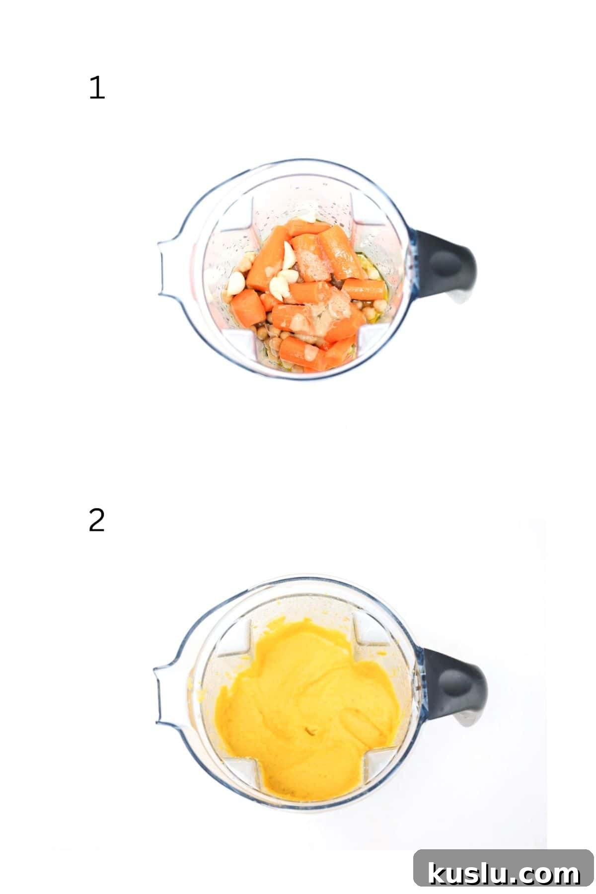 Quick 5-Minute Carrot Hummus Recipe for Busy Weeknights 4 Two numbered images showing how to make carrot hummus in a blender.