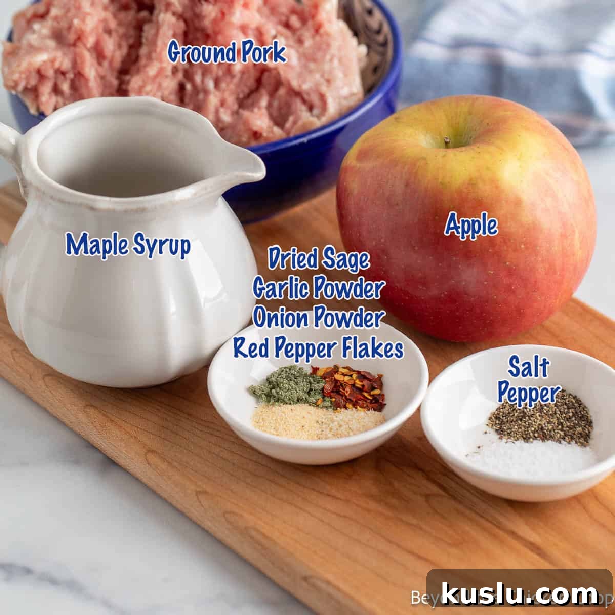 Ingredients for making pork breakfast sausage with apples.