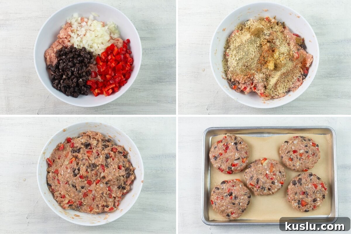 Juicy Grilled Chicken Burgers with Flavorful Toppings 4 4 images showing the steps to make chicken burger patties.