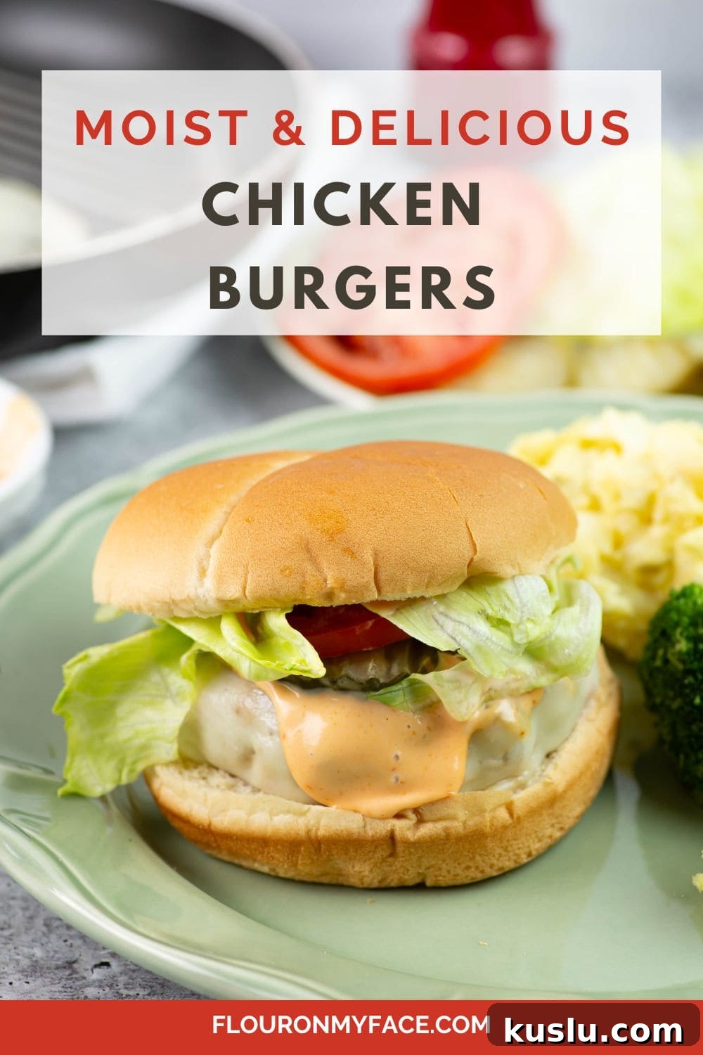 Juicy Grilled Chicken Burgers with Flavorful Toppings 8 Long Pinterest image for moist chicken burgers recipe.