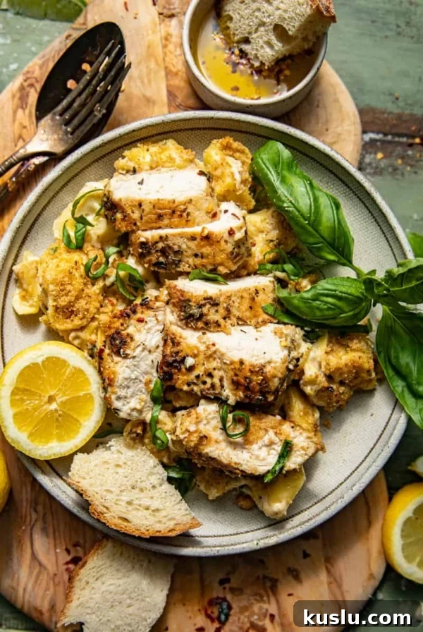 asiago tortelloni alfredo with grilled chicken on a plate garnished with lemon wedges and fresh basil.