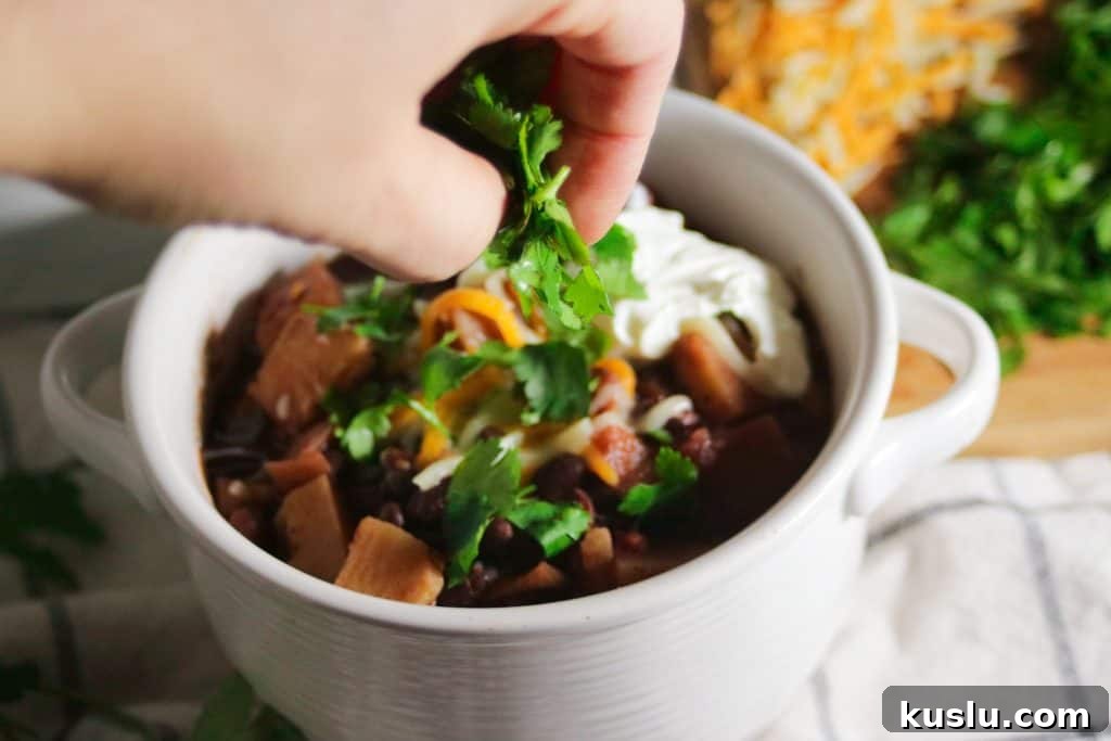 black bean and sweet potato chili in bowl