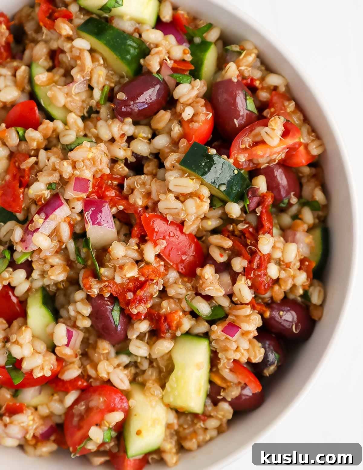 A close up picture of vegetables, cooked grains, and olives.